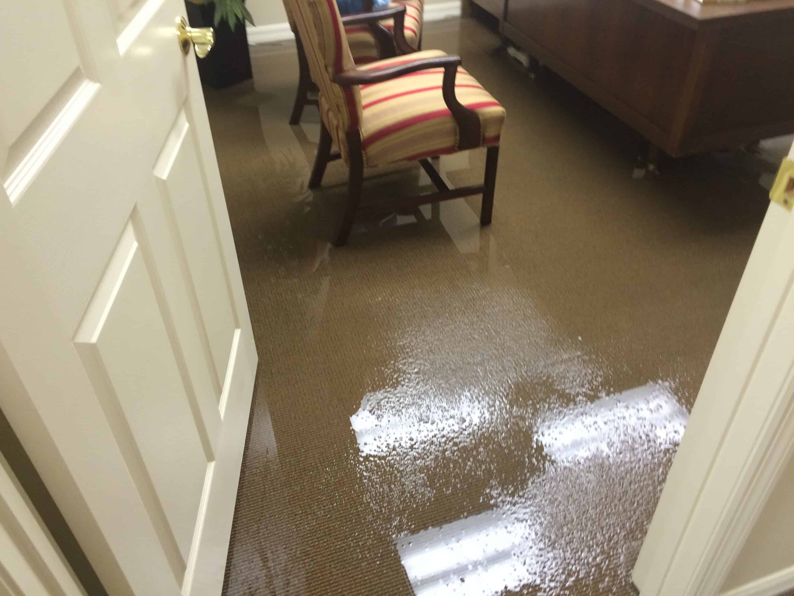 evidence of water damage flood damagein office, standing water on the floor