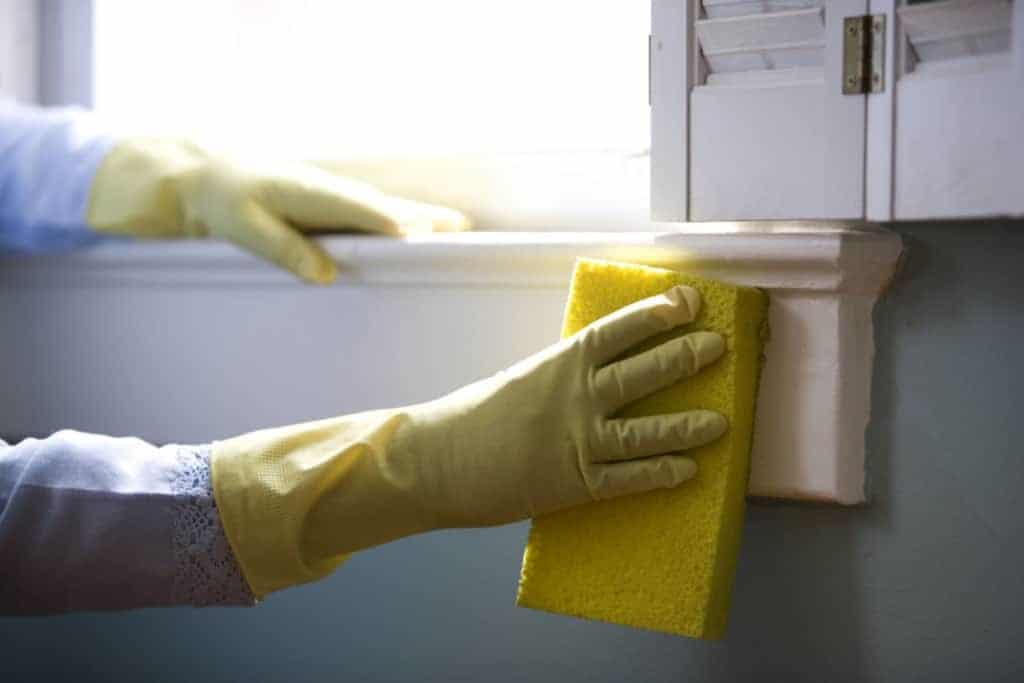 a gloved hand holding a sponge wiping down a surface